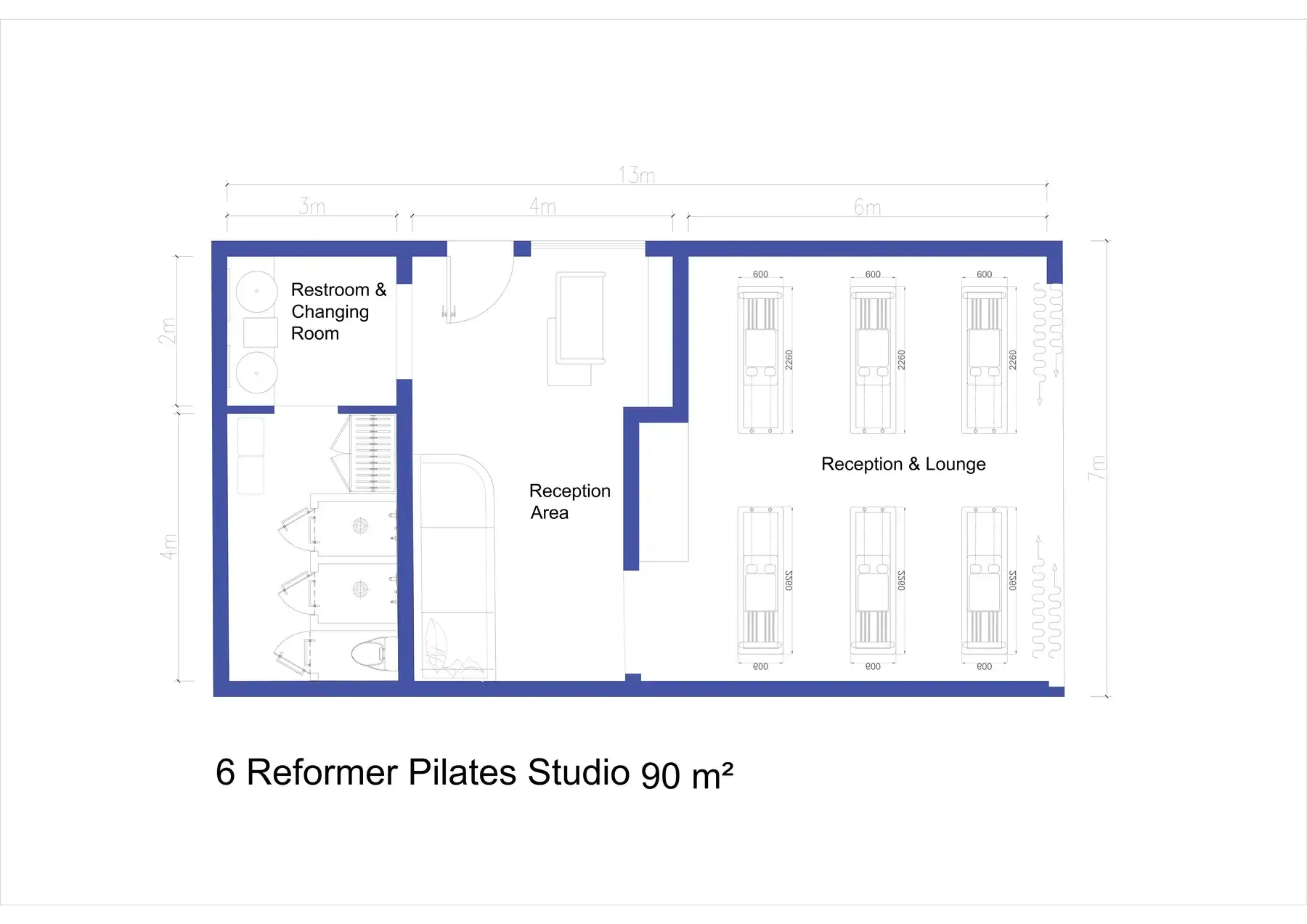 Floor plan for a 90 square metre Pilates studio with six reformers, reception and service areas.