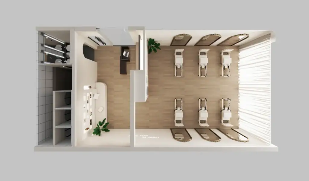 Top-view rendering of a 90 square metre Pilates studio planned for six reformers.