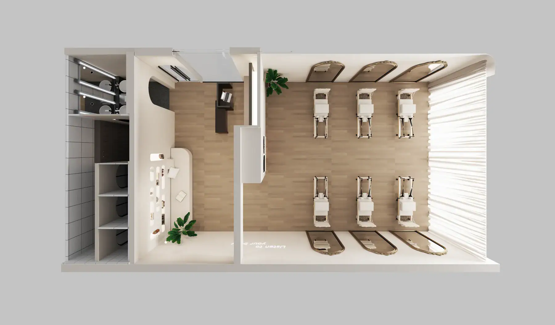 Top-view rendering of a 90 square metre Pilates studio planned for six reformers.