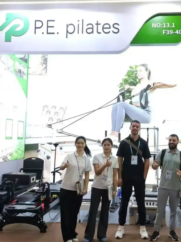 PE Pilates reformers in the factory showroom