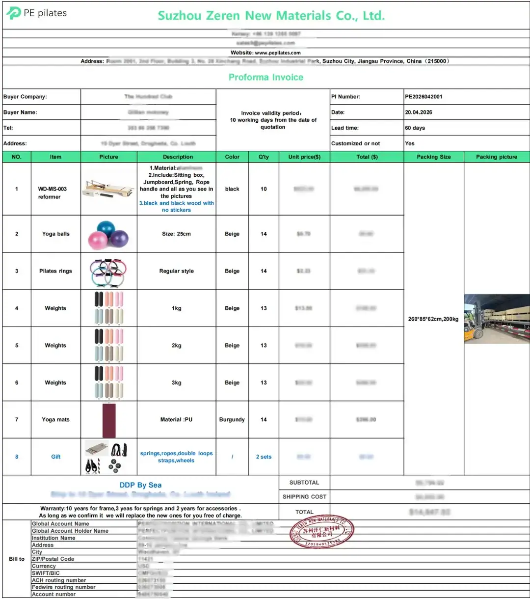 Redacted proforma invoice for a 10-reformer studio order showing equipment, accessories and DDP delivery structure.
