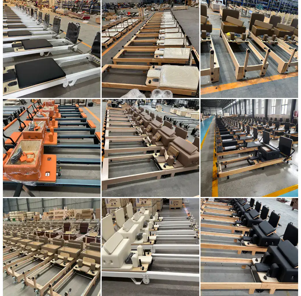 Foldable Pilates reformers prepared for compact storage