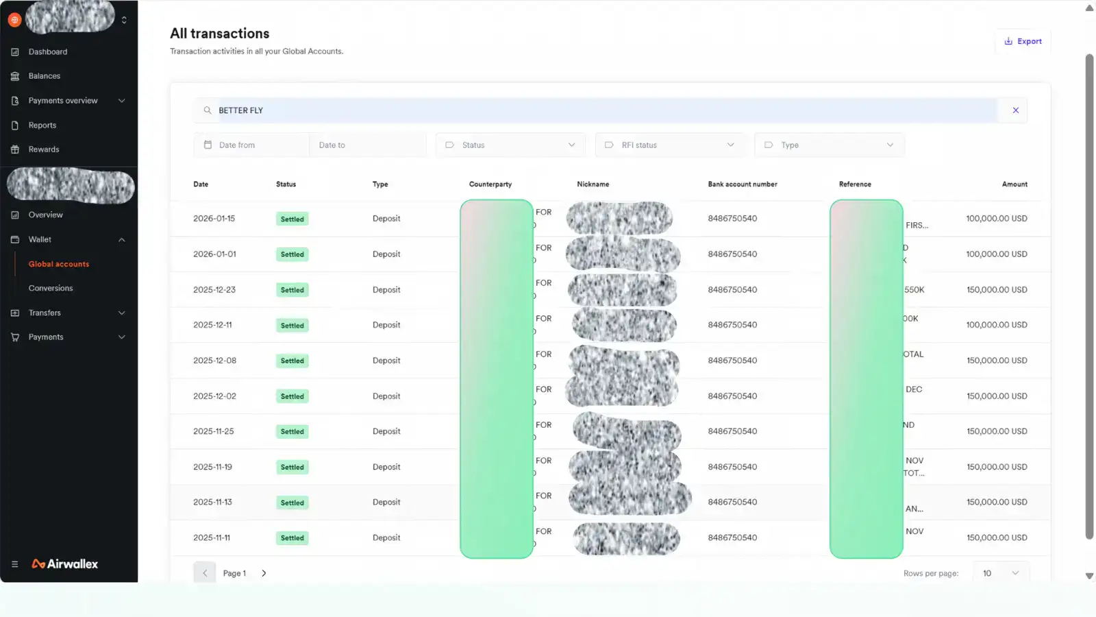 Anonymized settled payment history for a long-term Pilates equipment brand partner