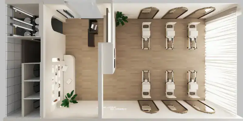 Top-view rendering of a 90 square metre Pilates studio planned for six reformers.