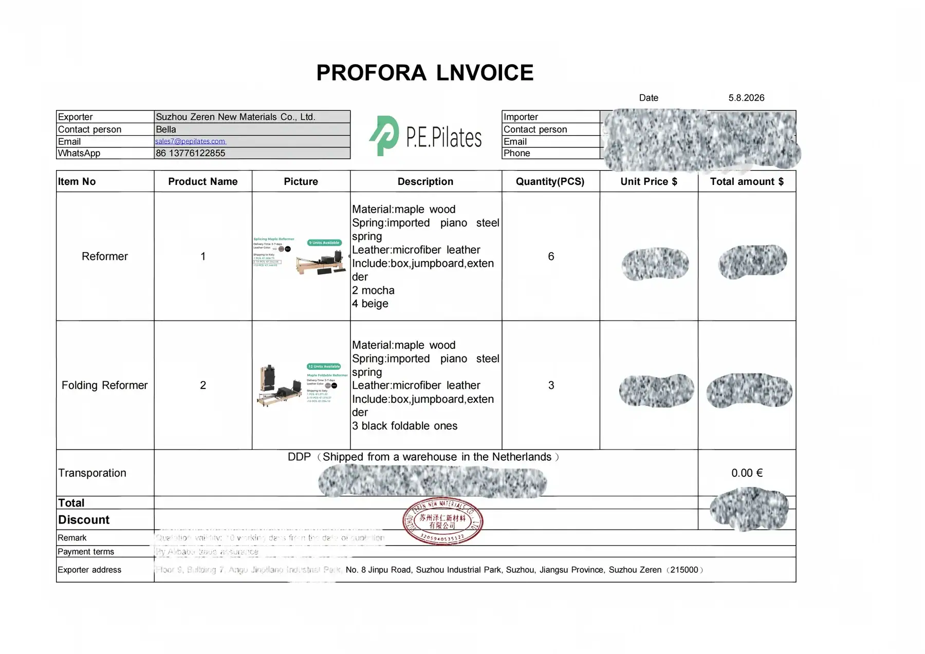 Anonymized proforma invoice for six standard and three folding Pilates reformers.