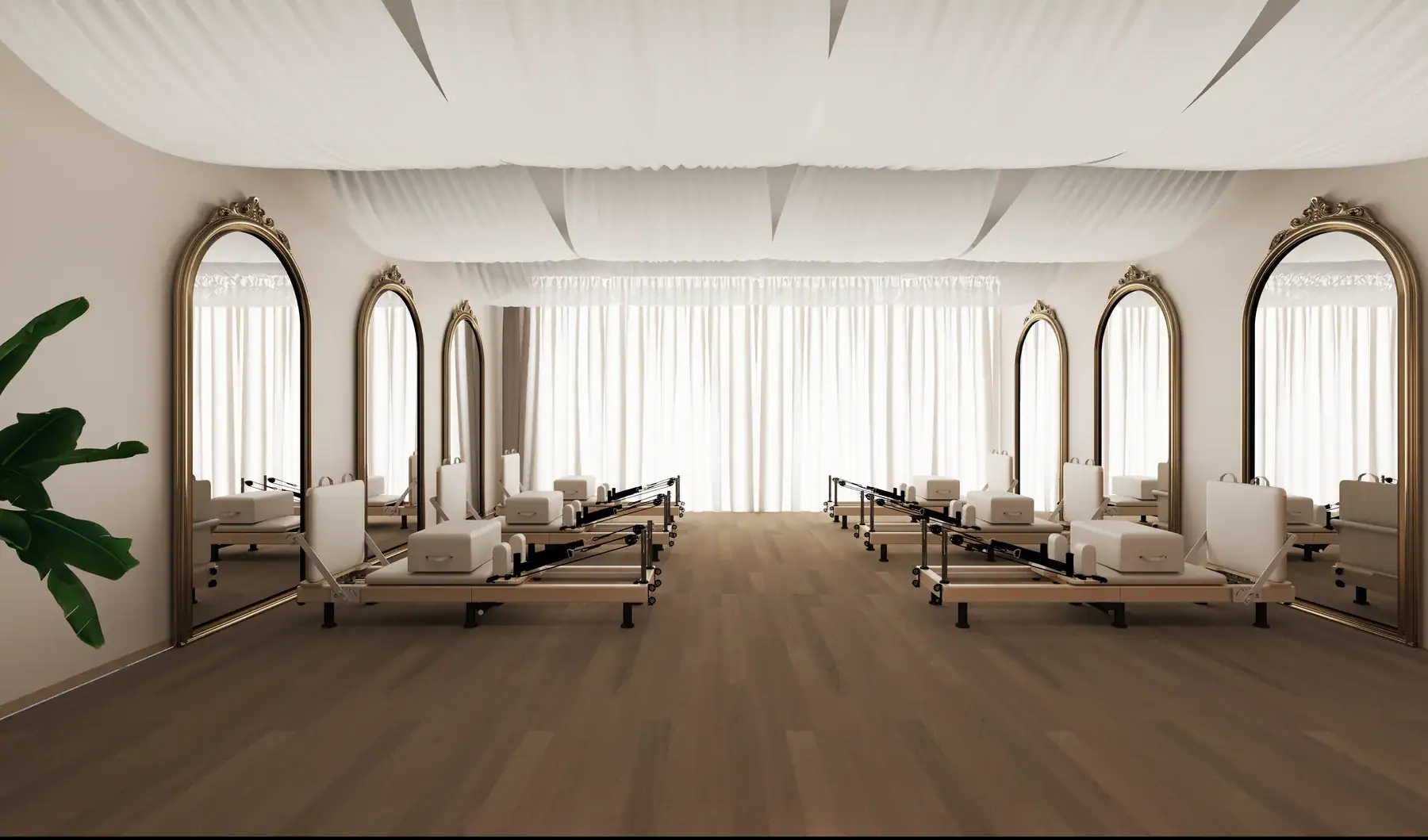Interior rendering of a Pilates training room with six reformers and instructor circulation.