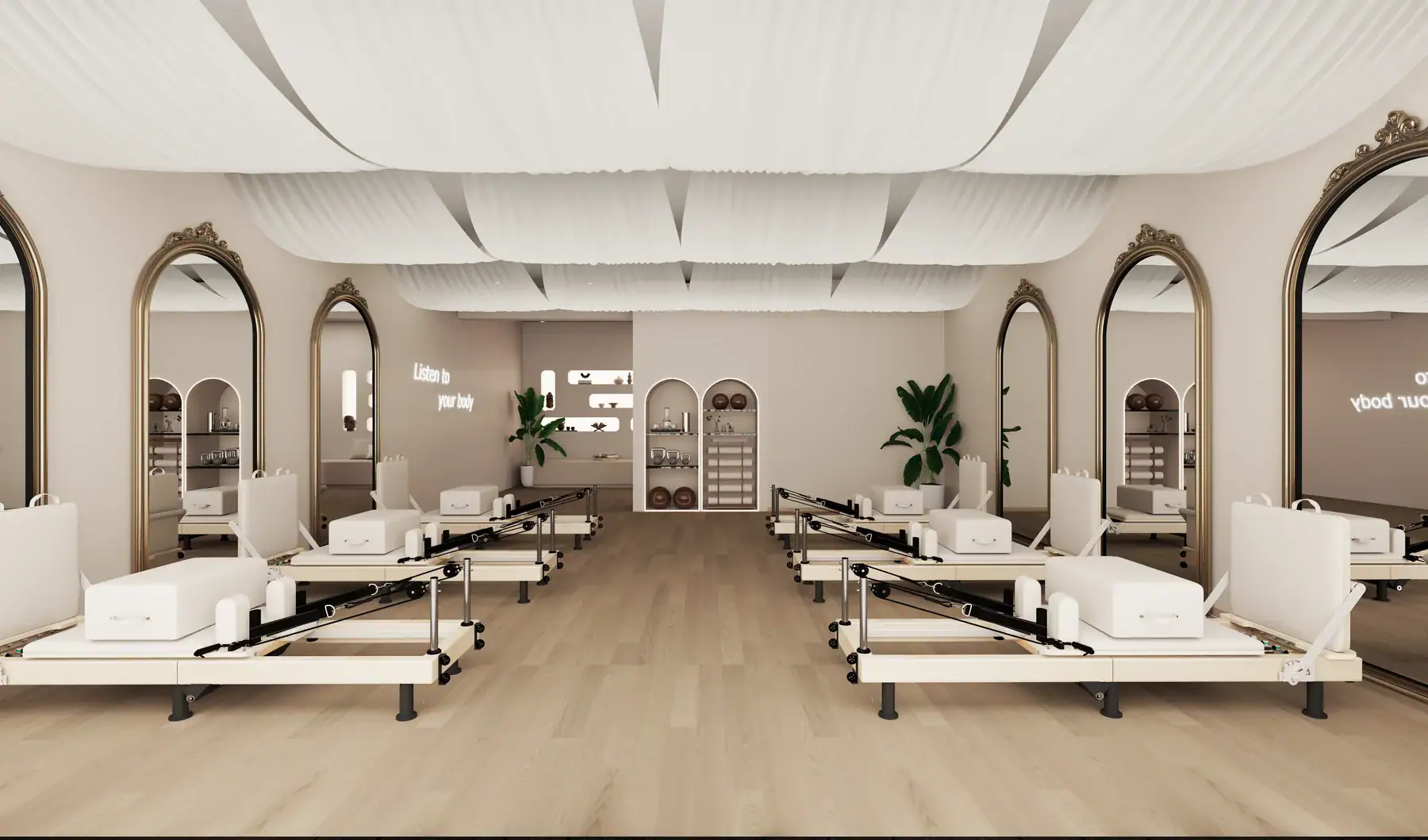 Two-row layout for six Pilates reformers in a compact studio training room.