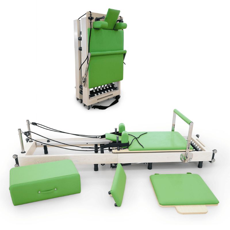 Foldable reformer Pilates machine with wood and aluminum options