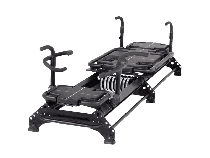 This white aluminum sleek and modern Pilates Reformer features a cushioned carriage, adjustable footbar, and durable resistance cords—perfect for enhancing strength, flexibility, and core stability in any home or studio setting.